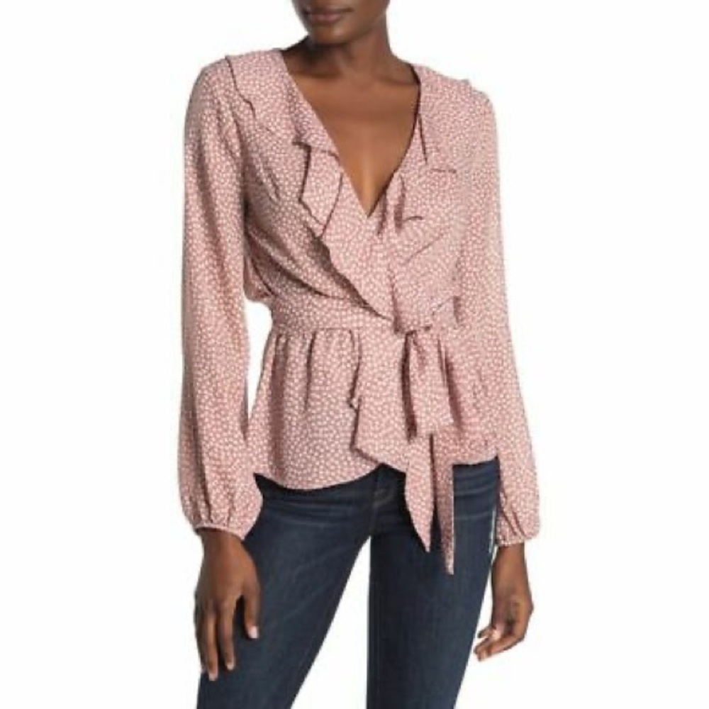 Max Studio Polka Dot Ruffle Tie Wrap Blouse